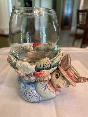 Fitz and Floyd Pastel Bunny Candle Holder with Floral Accent 1993